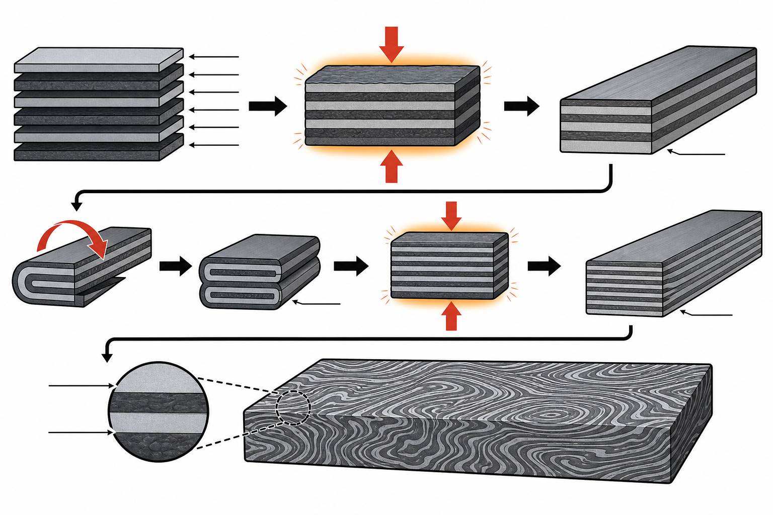 Schéma de principe de la structure multicouche de l’acier damassé.