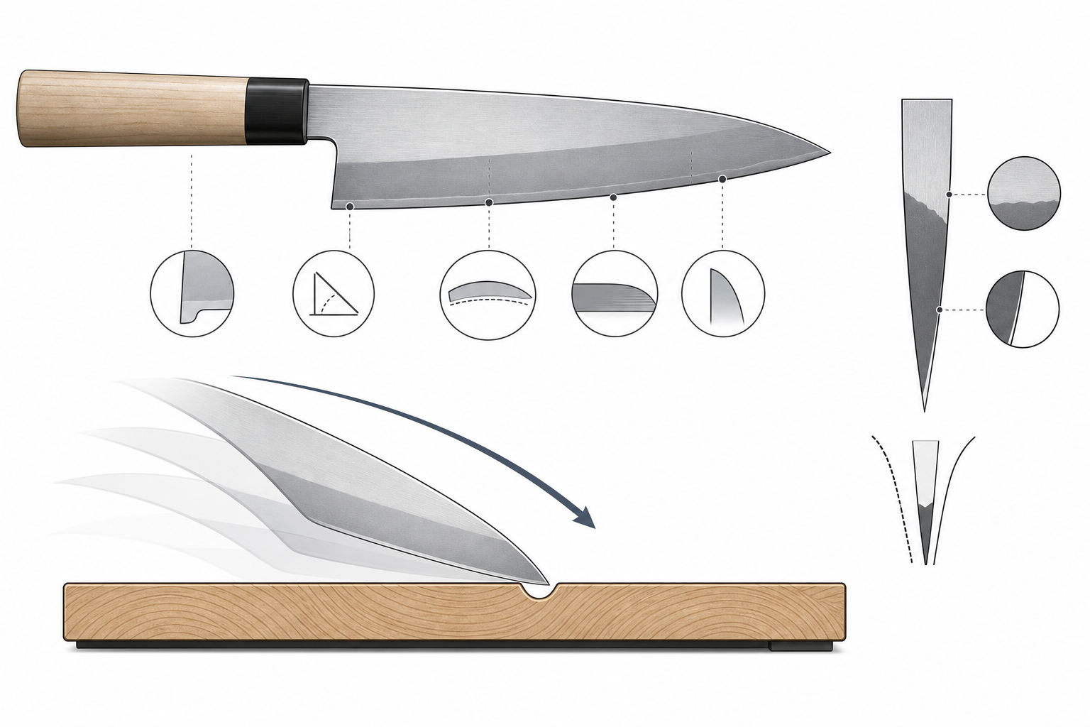 Blade geometry and cutting contact in a petty knife.