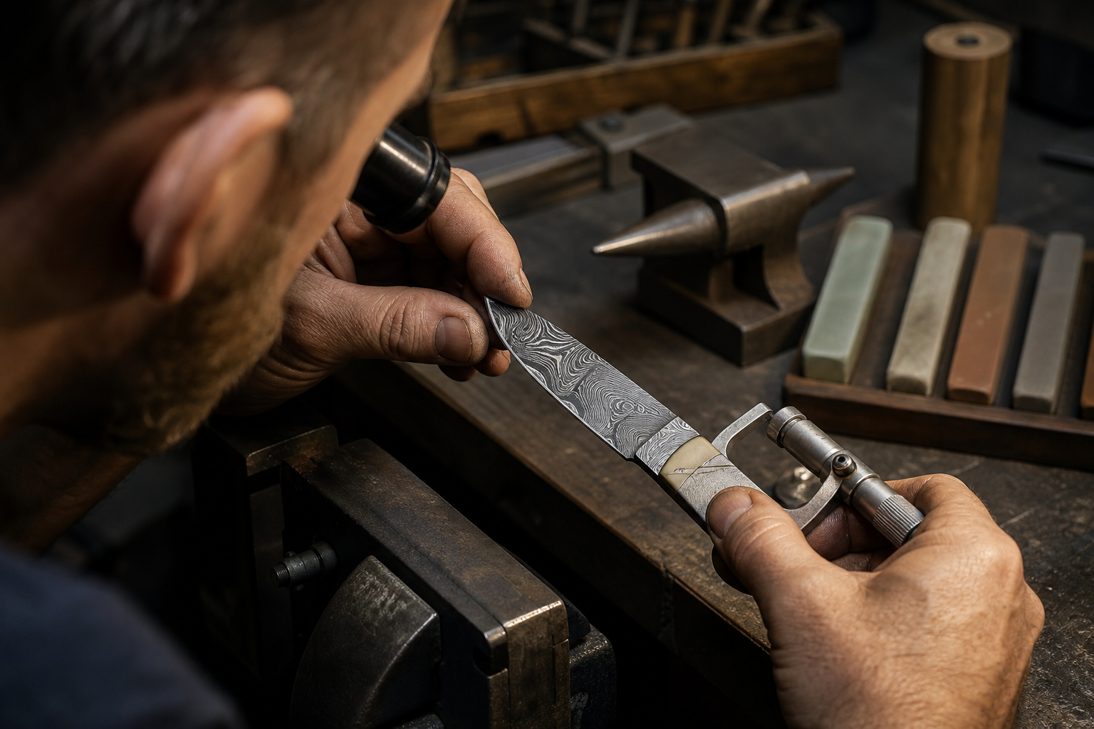 Inspection d’une lame damassée en atelier (détails d’artisanat et contrôle).