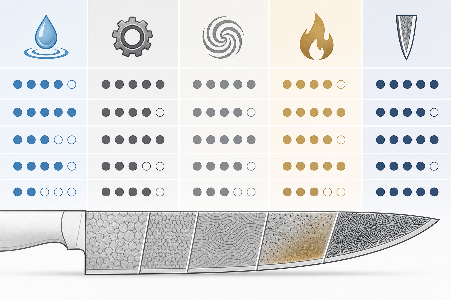 Conceptual infographic of features used to compare Japanese knife brands.